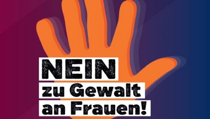 orange Hand mit dem Schriftzug NEIN zu Gewalt an Frauen!